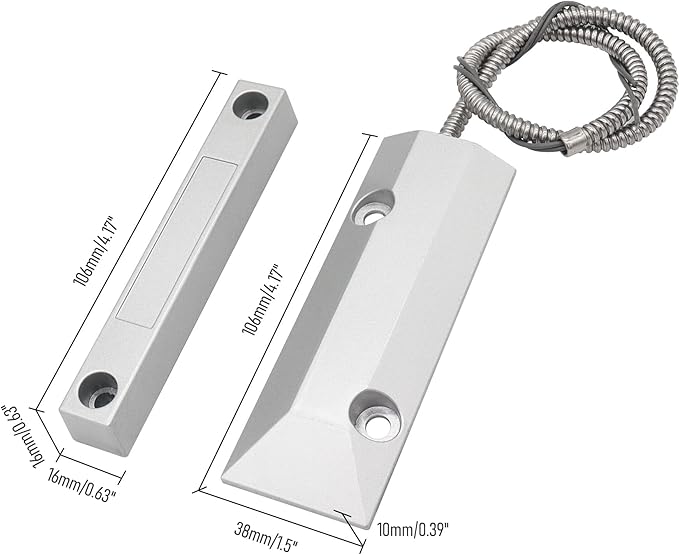 Magnetic Reed Switch Wired Surface Mount Normally Closed NC Contact Sensor Alarm Magnetic Door Switch with 2 Wires, Zinc Alloy Sliver, OC-55