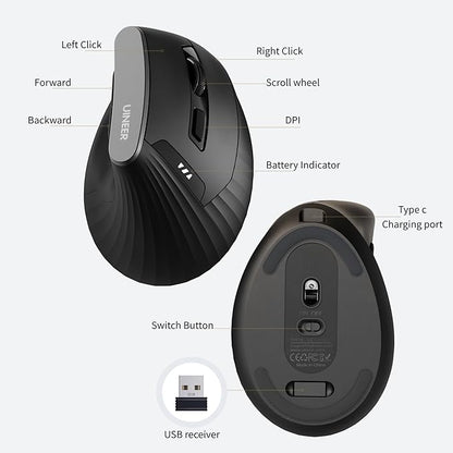 Vertical Mouse Wireless, 2.4G Rechargeable Mouse with Battery Indicator,4 Level DPI,Ergonomic Design for Comfort and Reduced Wrist Strain, Ideal for Home,Office Use (Black)