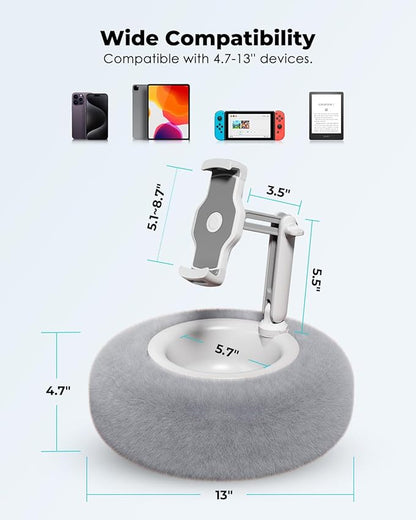 Viozon Tablet Stand Pillow, Compatible with 4.7"-13" Phone/Tablet, iPad, iPhone, Samsung, Google, Kindle, 360°Adjustable Phone Holder for Bed with Soft Plush Fabric, and Detachable Bowl, Grey
