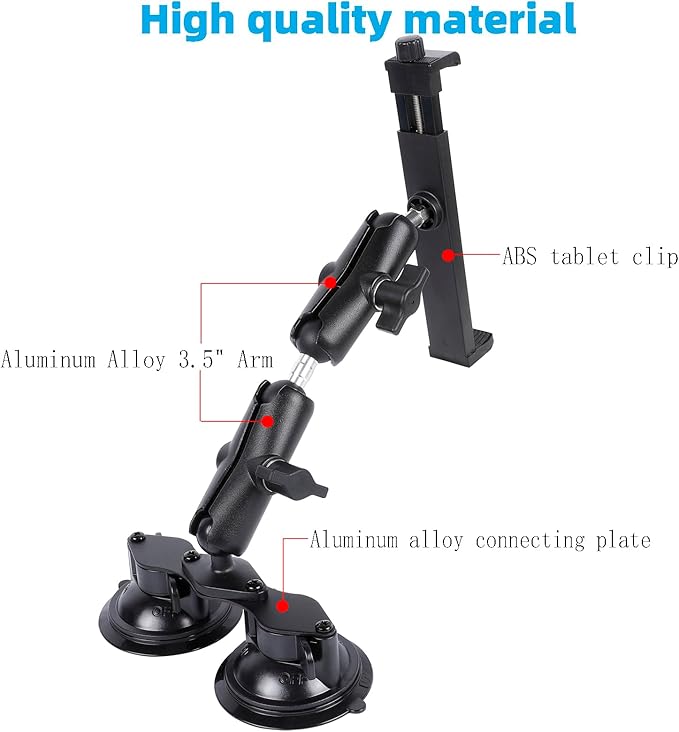 FPN Dual Suction Cup Tablet Mount for Truck/Car, 13.4 Inch Aluminum Arm, 360° Adjustable 2-Stage Tablet Stand Holder, Compatible with iPad Pro/Air/Mini, Galaxy Tab and All 6.5-12.9" Tablets