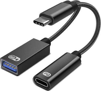 USB C to USB OTG Adapter, 2 in 1 USB C Splitter with PD 60W Charging Port and USB 3.0 Female Port Compatible wit iPhone 15 Pro, MacBook Pro,Chromebook, Galaxy and More Type-C Devices
