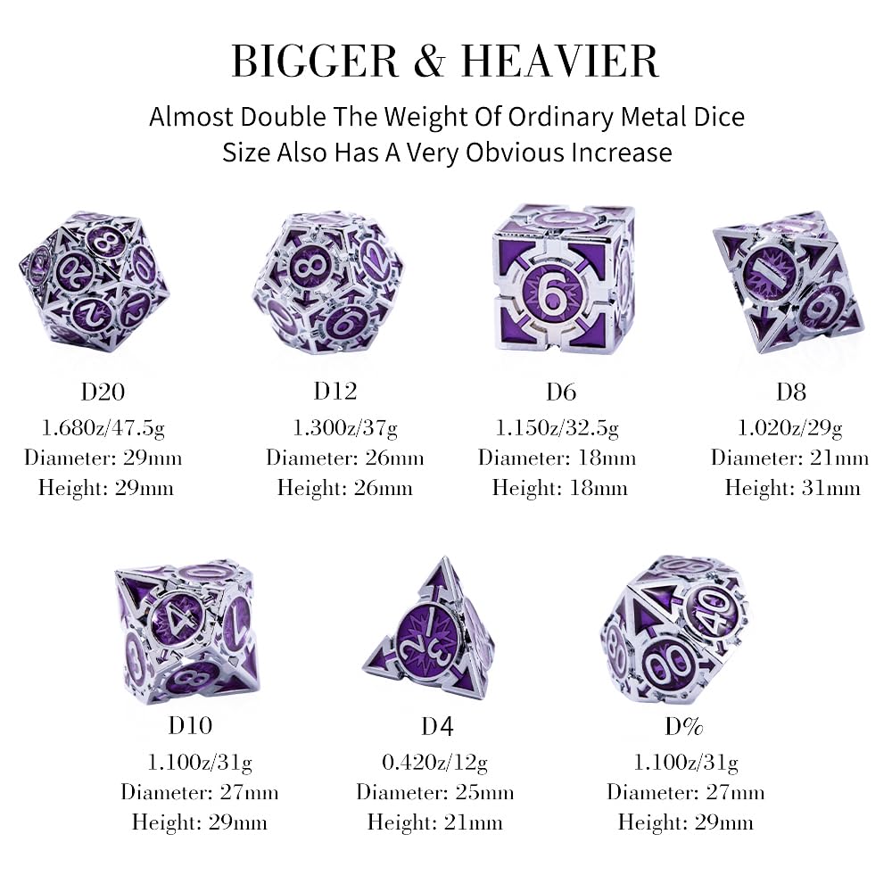 Metal DND Dice Set - High Artistic Making Dungeons and Dragons Dice, Large Weighted Metallic D&D Dice Sets - Polyhedral Role Playing Dice for MTG RPG, Silver Purple D and D Dice with DND Gift Box