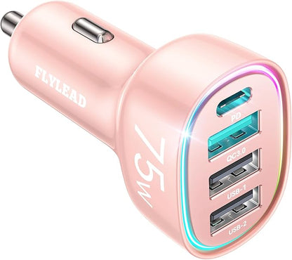 USB C Car Charger Cigarette Lighter Adapter 75W 4-Port Fast Car Charger Fast Charging Compatible with iPhone16/15/14/13 Series- Pink