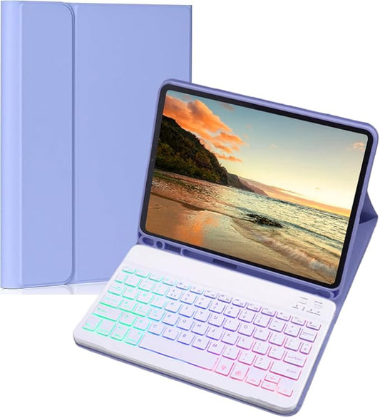 Keyboard Case for Galaxy Tab S10 Plus/S9 Plus/S9 FE Plus/S8 Plus/S7 Plus/S7 FE 12.4 Inch, 7 Color Rainbow Backlight Detachable Magnetic Keyboard Cover with S Pen Holder,Purple