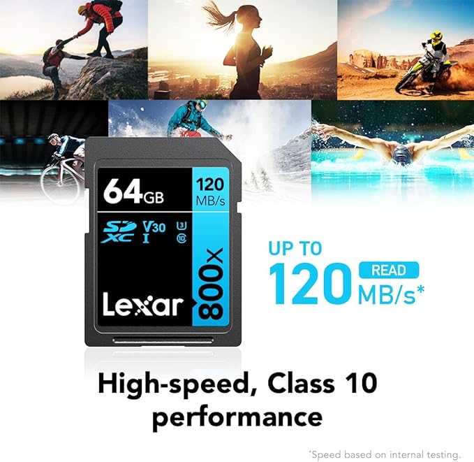Lexar High-Performance 800x 64GB (2-Pack) SDXC UHS-I Memory Cards, C10, U3, V30, Full-HD & 4K Video, Up to 120MB/s Read, for Point-and-Shoot Cameras, Mid-Range DSLR, HD Camcorder (LSD0800064G-B2NNU)