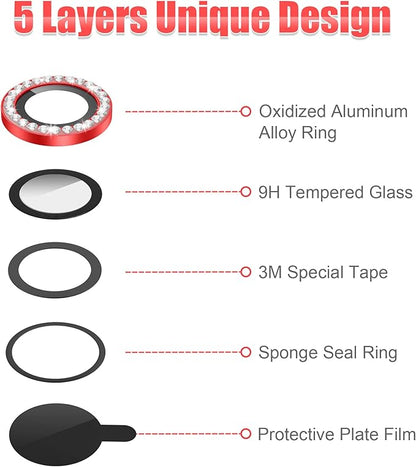 AGVEE 3+3 6 Pack for iphone 12 Pro/12/12 Mini/11 Pro Max/11 Pro/11 Camera Lens Cover Protector, Bling Diamond & Bling Glitter Metal Ring 9H Tempered HD Glass Camera Protector, Bling-Red