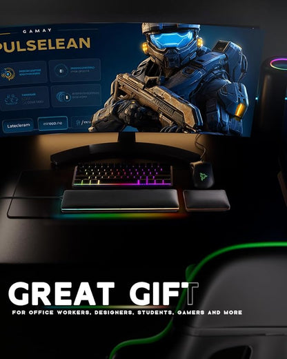 ASFSKY Keyboard and Mouse Wrist Rest Set with RGB - Memory Foam & Wooden Base Ergonomic Wrist Support Pad with PU Leather Cover, Non-Slip, Durable & Easy-to-Clean Wrist Cushion for Office, Gaming Desk