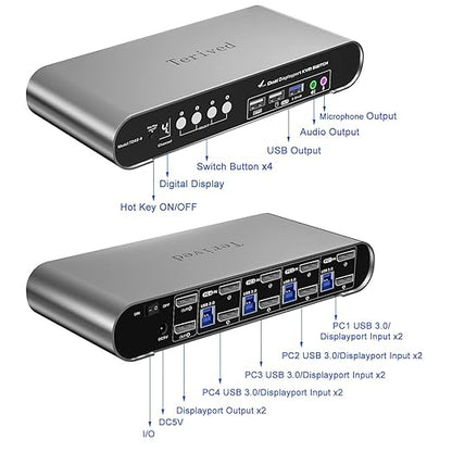 4 Computers 2 DP Monitors Automatic KVM Switch, 8K@30Hz 4K@144Hz 4 Port DP USB 3.0 Dual Monitor, Aluminum hotkey Audio Microphone, Digital Display, HDR10 with Cables
