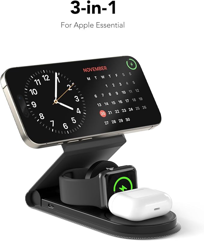 3 in 1 Foldable Travel Charging Station - MagSafe Compatible with iPhone 12-16 Series, Apple Watch, AirPods