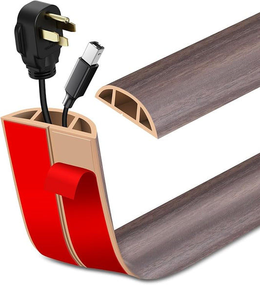 Floor Cord Cover Self Adhesive Cord Hider Floor Extension Cord Covers for Floor Power Cord Protector Cable Management Prevent Cable Trips Cable Cavity 0.51" W x 0.31" H (Brown Walnut Wood, 20Ft)