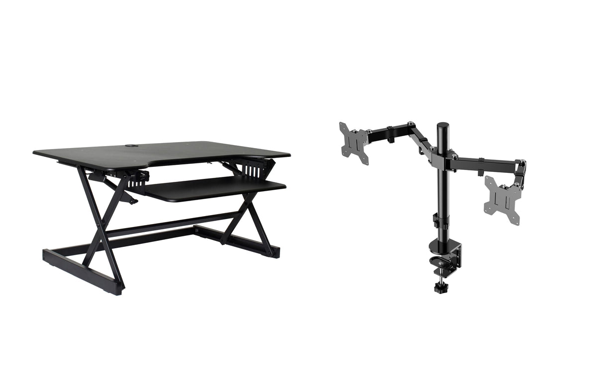 Rocelco 32" Height Adjustable Standing Desk Converter - Sit Stand Computer Workstation Riser - Dual Monitor Retractable Keyboard Tray Gas Spring Assist - Black (R EADRB2)