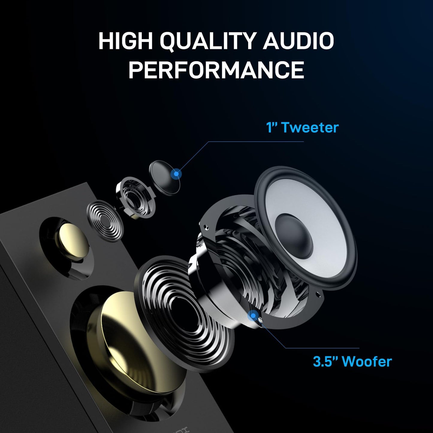 Probox Powered Bookshelf Speakers HiFi Computer Gaming Monitors with Bluetooth 5.3 & 24-Bit USB DAC Stereo Speaker PC Speakers 3.5" Woofer,1" Silk Dome Tweeter, Adjustable Bass/Treble BT16-Black