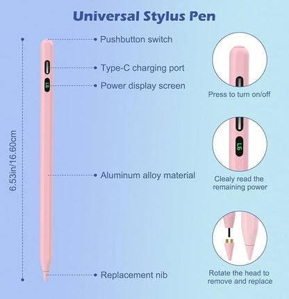 MoKo Stylus Pens for Touch Screens, Fast Charge Stylus Pen for Apple iPad/iPhone/Samsung/Lenovo/iOS/Android Tablets&Smart Phone Universal Stylus Capacitive Screen Pencil with Power Display, Pink