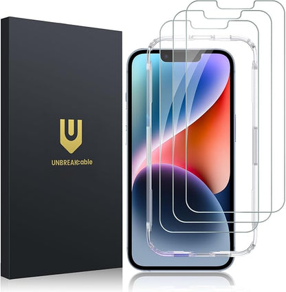 UNBREAKcable 3-Pack Screen Protector for iPhone 16e/14/13/13 Pro, Double Shatterproof Tempered Glass [Easy Installation Frame] [9H Hardness] [99.99% HD Clear] [Bubble Free] [Touch Sensitive]