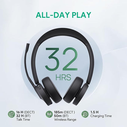 Yealink WH64 DECT & Bluetooth Dual UC Zoom Wireless Headset, 606 ft Range On Ear Work Headphones with 3X Noise Cancelling Mic, 32H Talk Time, Ringer, Office Headsets for Desk Phone, PC,Cellphone