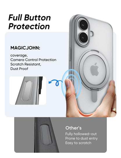 MAGIC JOHN 360° Rotatable Magnetic Invisible Stand for iPhone 16 Case [Camera Control Button] [Compatible with MagSafe] 16FT Shockof for iPhone 16 Case with Kickstand, Gray