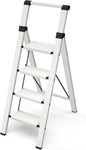 Taranta 4 Step Ladder, Lightweight Aluminum Step Stool with Convenient Handgrip, Folding Ladder with Anti-Slip Pedals, 330lbs Capacity Stepladder for Home, Office, Kitchen - White