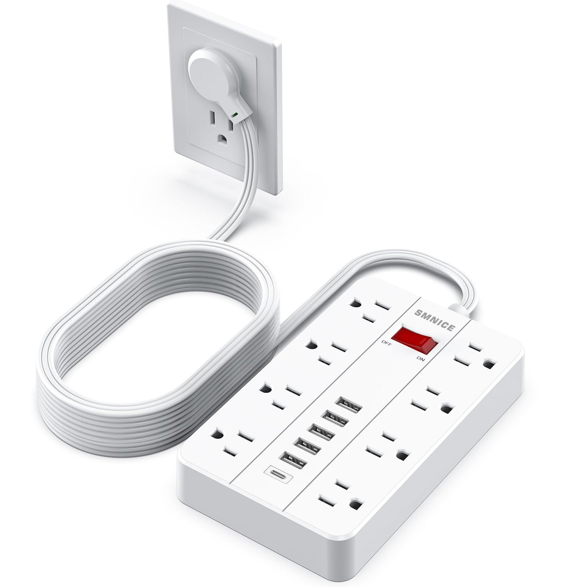 Power Strip with USB,SMNICE Power Strip Flat Plug with 8 Widely-Spaced Outlets & 6 USB(1USB C) Ports, Wall Mountable 5ft Extension Cord for Smartphone Tablet Laptop Computer Multiple Devices
