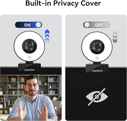 papalook 2K/1080P Webcam with Light and Privacy Cover, PA552 Full HD Streaming Web Camera with Dual Microphones, Plug and Play USB Computer Webcam for PC Laptop Desktop, Mac Zoom Skype Teams