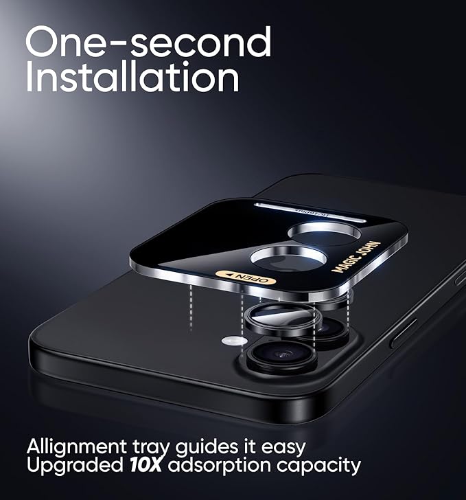 MAGIC JOHN for iPhone 16Plus/16 Camera Lens Protector [Alignment Kit&1:1 Invisible Perfect Fit] 9H Aerospace Tempered Glass Anti-Scratch Durable, Individual Cover Ring, Case Friendly, Set of 2, Black