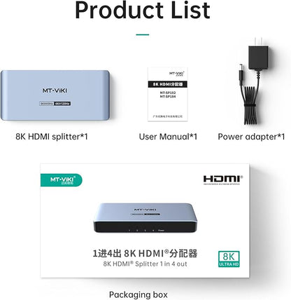 MT-VIKI 2.0 HDMI Splitter, 4K@60Hz HDMI Duplicator/Distributor HDR Support EDID HDCP 2.2 RGB 4:4:4 18Gbps-Adapter Included (8K 1 in 4 Out)