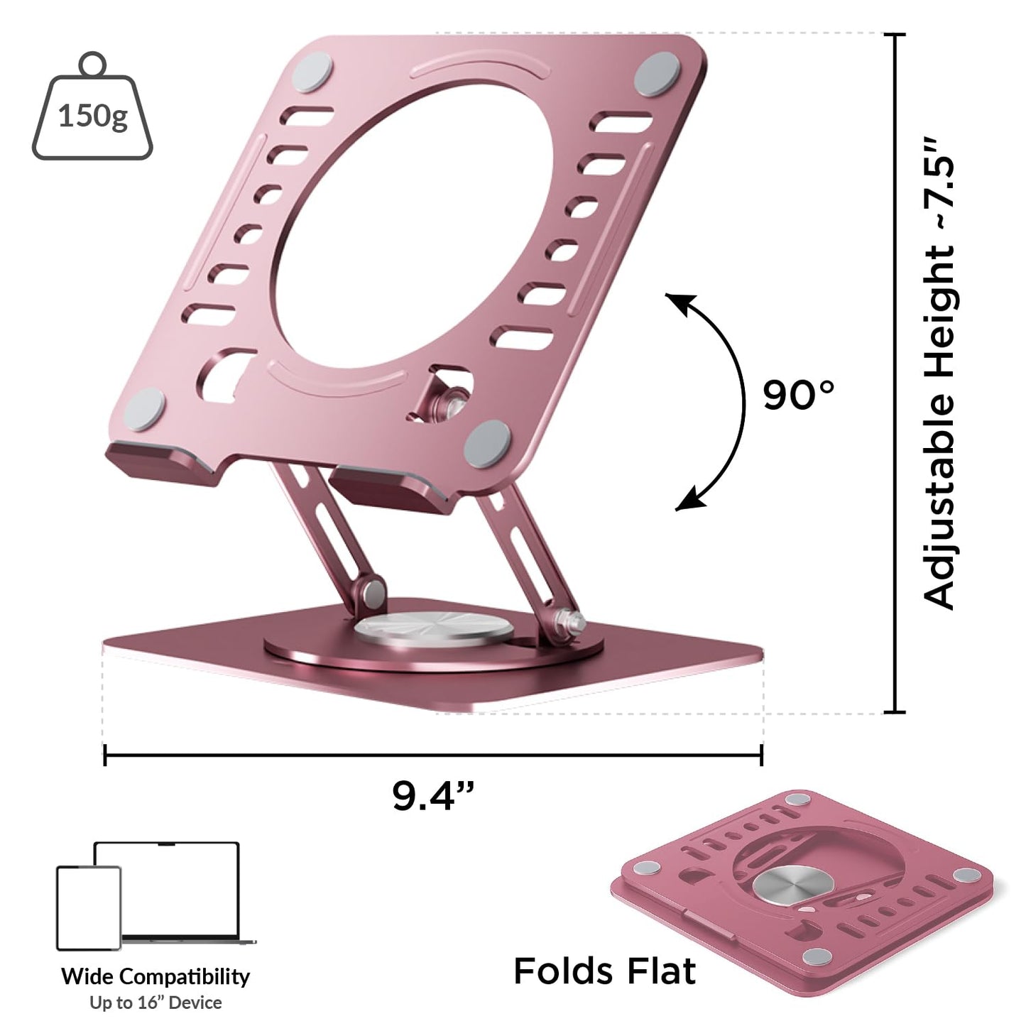 Uncaged Ergonomics Swivel Laptop Stand for Desk, Adjustable Computer iPad Stand for Desk w/ 360 Rotation, Portable Laptop Holder for Home Office Ergonomic Supplies (Rose Gold)