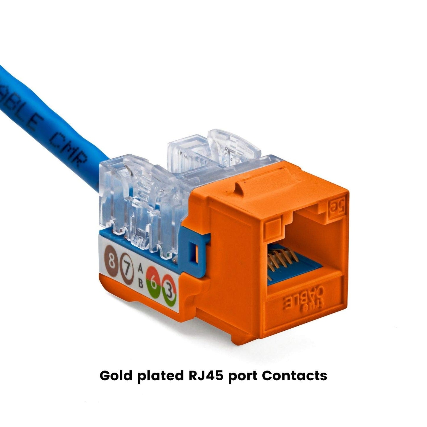 TRUE CABLE Cat5e Keystone Jack, Unshielded (UTP), 90 Degree Punch-Down, PoE++ (4PPoE) 100W, UL Listed, ETL Verified, ANSI/TIA Certified, Modular RJ45 Female, Orange, 24 Pack