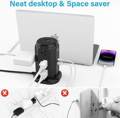 AiJoy Flat Plug Power Strip Tower with 9 Outlets and 5 USB Ports (2 USB-C), 1200J Surge Protection, 1625W Extension Cord with Multiple Outlets Charging Station for Home Dorm Office Supplies