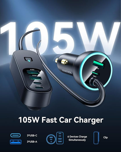 Rocoren 105W 6-Port Multiport Car Charger, PD Fast USB C Car Charger for Multiple Devices,Cigarette Lighter Adapter Car Travel Essentials for Road Trips with 5FT Cable,Car Accessories for iPhone 16/15