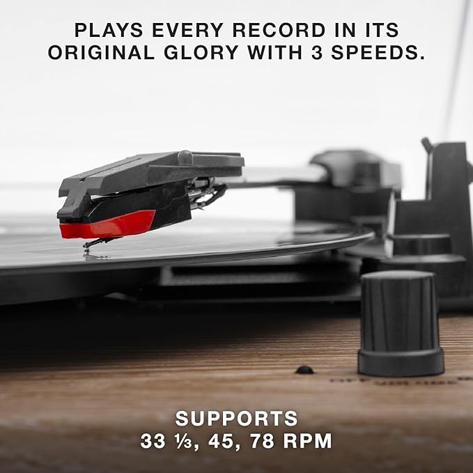 Victrola Montauk Vinyl Record Player, 3-Speed Belt Driven Turntable with Stereo Bluetooth Speaker Pair, RCA Output and 3.5mm Headphone Jack, Removable Dust Cover, Farmhouse Walnut Finish