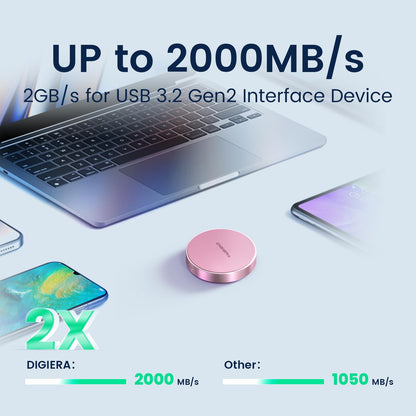 DIGIERA 2TB Magnetic Portable SSD, External Solid State Drives with USB-C 3.2 Gen 2x2, Speed Up to 2000MB/s, Compact & Durable, Compatible with iPhone 15/16 Series and Other USB-C Devices, Pink