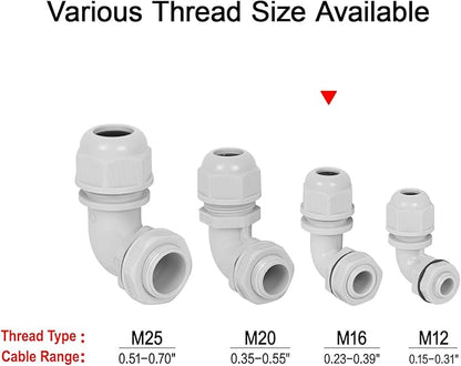LeMotech M16 Cable Gland, 90 Degree Adjustable 6-10mm Strain Relief, Cord Connectors Nylon Joints with Gaskets, 2 Pcs, Grey