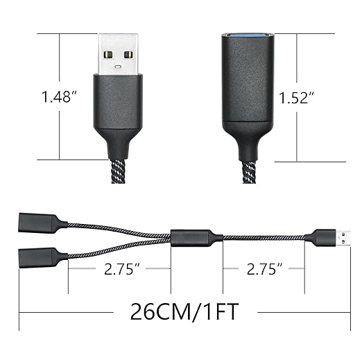 USB Splitter Cable 1FT, USB A Male to Dual USB A Female Y Splitter Adapter 1 in 2 Out, Power & Data with OTG Function Intelligent Chip, for Smartphone, Laptop, Car etc