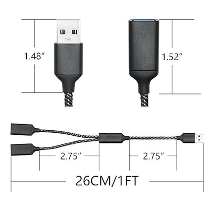 USB Splitter Cable 1FT, USB A Male to Dual USB A Female Y Splitter Adapter 1 in 2 Out, Power & Data with OTG Function Intelligent Chip, for Smartphone, Laptop, Car etc