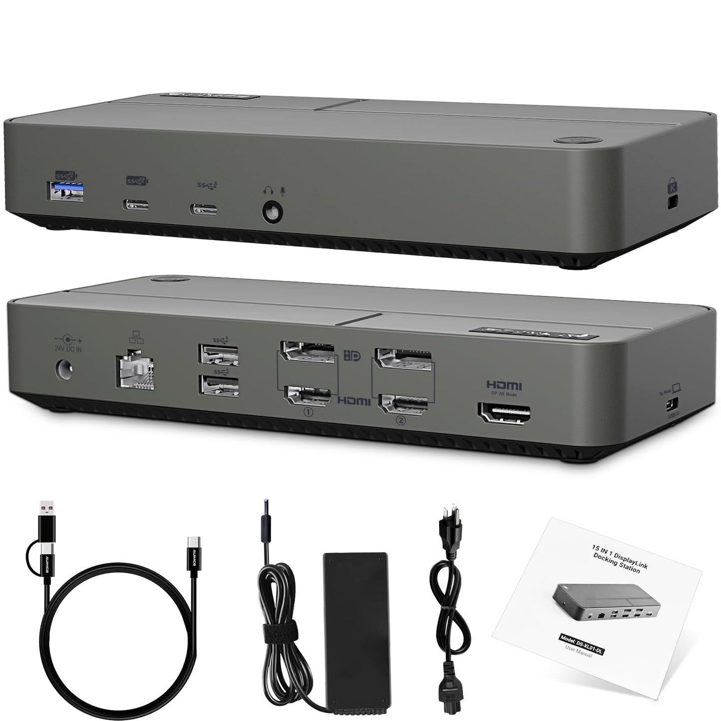 AUIMCE MacBook Docking Station 3 Monitors, Displaylink Laptop Docking Stations with 130W Power Supply,15 in 1 USB C Triple 4K Display Dock for MacBook Pro/Air and USB-C/A Port Computer (3 HDMI, 2 DP)
