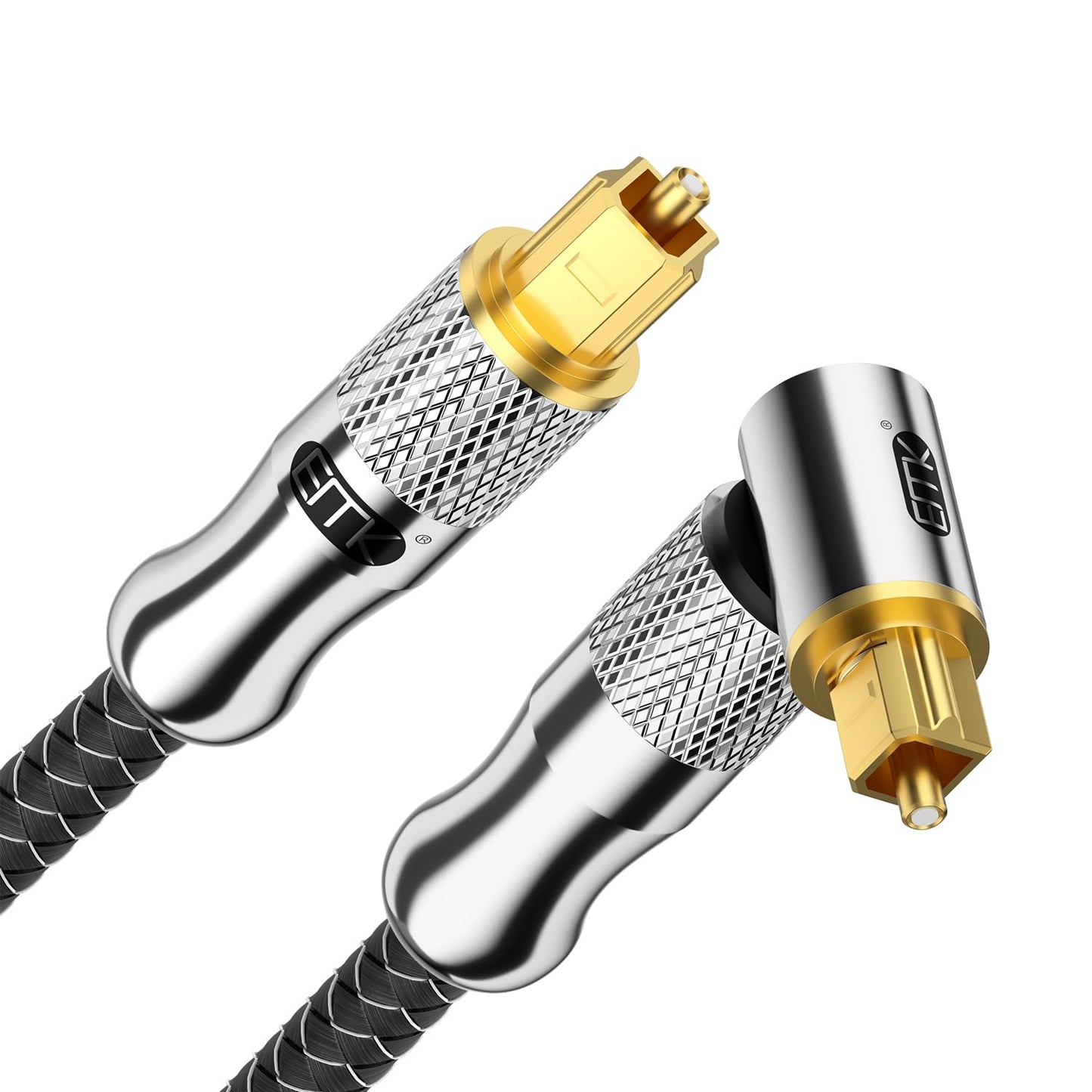 EMK Premium 24K Gold-Plated Right Angle Optical Cable – 90° Toslink to Toslink (7M/22Ft), 360° Rotatable for Soundbars, TVs & Home Theater