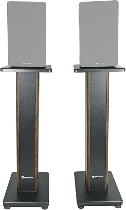 Rockville Pair RHT28D 28" Bookshelf Speaker Stands, Dark Wood Grain, 60 lbs Capacity, Sand-Fillable Design, Dual Platform Sizes, Anti-Slip Pads, for Home Theater and Studio Monitors