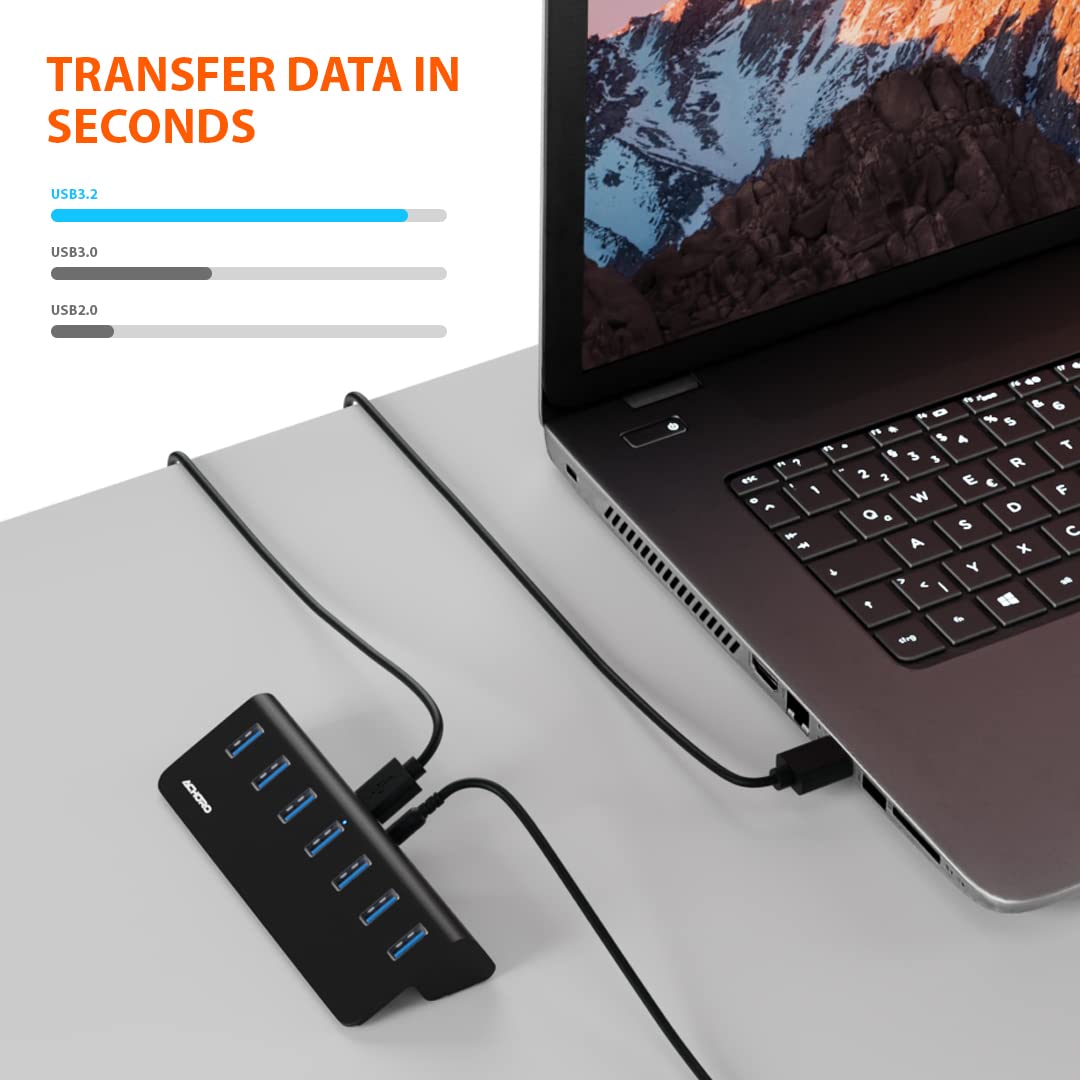 Achoro 7-Port Powered USB 3.2 Hub (2nd Gen) – 10Gbps Super Speed Aluminum USB Expander for Computer, Mac, PC, Laptop, Smartphone & Tablet – External Multi-Port Hub