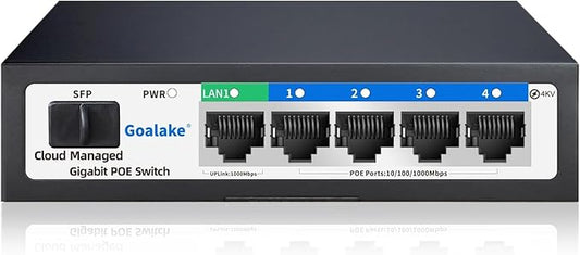 6-Port Gigabit PoE Switch for Small Business&Home Security(4 Gigabit PoE Ports,1 Gigabit Uplink,1 SFP Fiber Slot)52W High Power for IP Cameras/WiFi APs,Easy Managed VLAN/QoS,Fanless Metal,250m Extend