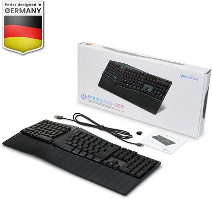 Perixx PERIBOARD-835RD Wireless Ergonomic Mechanical Keyboard - RGB Backlit - Low-Profile Red Linear Switches - Multi-Device Connection - Compatible with Windows and Mac OS X - US English