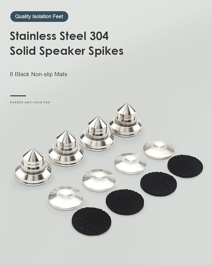 4 Sets Speaker Isolation Stand Feet, Stainless Steel Speaker Base Pads, Shockproof 28-32mm Adjustable Speaker Vibration Absorber Spike Cone Mats for Amplifier Turntable DAC Recorder CD (27x29x5MM)