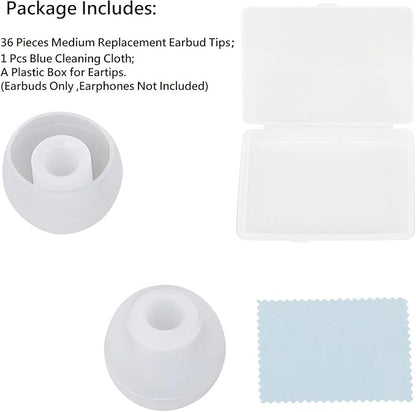 36 Pieces Medium Earbud Tips Soft and Comfortable Ear Bud Replacement Pieces Silicone Fit Most in-Ear Headphones，Inner Hole 3.8mm -5.5mm，Medium Clear White Replacement Eartips