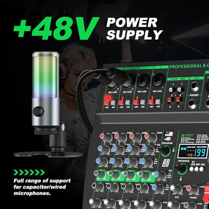 MW-6 black 6-Channel Professional DJ Audio Mixer Portable Controller Mixer with DSP 99 Preset Effects for Live Streaming, Podcasting, Home Party