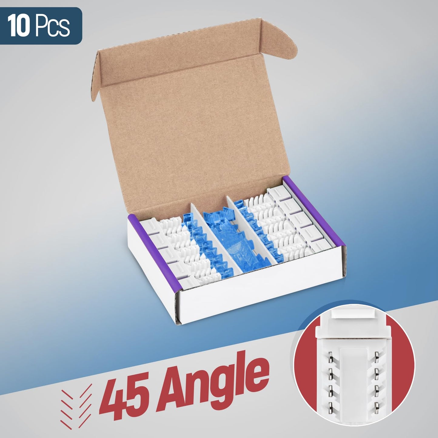 Everest 45 Degree RJ45 Cat5e Keystone Jacks Slim Profile 10-Pack White