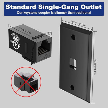 VCE Black Ethernet Wall Plate (UL-Listed), 1-Port CAT6 Wall Plate and Jack, RJ45 Keystone Wall Outlet with Single Gang Low Voltage Mounting Bracket, 2-Pack