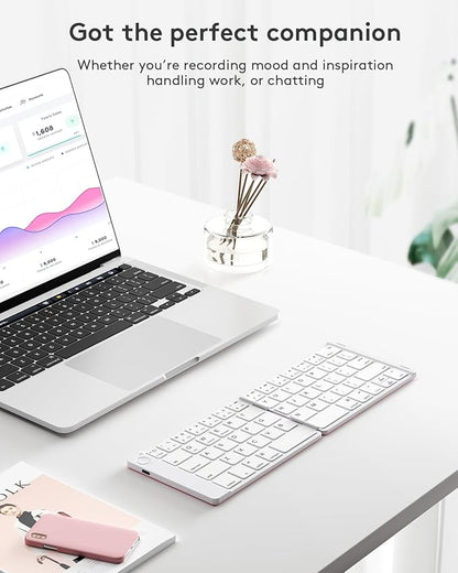 Samsers Foldable Bluetooth Keyboard - Portable Wireless Keyboards with Stand Holder, Rechargeable Full Size Ultra Slim Folding for iOS Android Windows Smartphone Tablet and Laptop, White-Pink