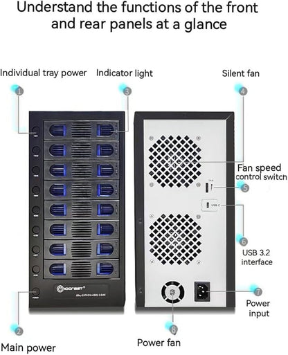 8 Bay Tool Less Tray Hot Swapable 2.5" and 3.5" SATA Hard Drive External USB-C 3.2 (10Gbps) Hard Drive Enclosure. Support up to 8X 22TB Capacity.