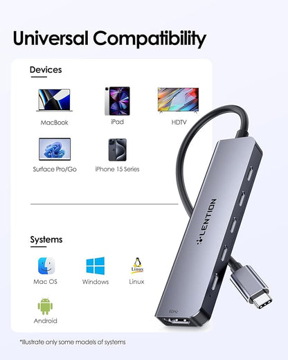 LENTION 6-in-1 USB C Hub Dock with 4K @60HZ HDMI Display, 4 USB-C Ports (USB 3.2 Gen 2, 10 Gbps), PD 100W Charging and for iPhone15 Series, New MacBook Pro, Mac Air, More (CE33, Space Gray)