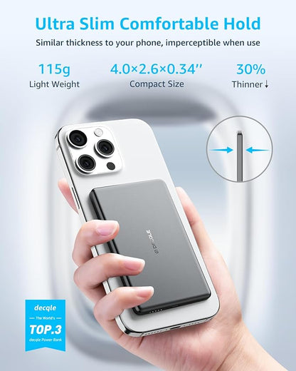 “Air” Power Bank for MagSafe 5000mAh, Ultra Slim Magnetic Wireless Portable Battery Charger Case with USB-C Cable, Compatible with iPhone 17/16/15/14/13/12 Series Only (Grey)