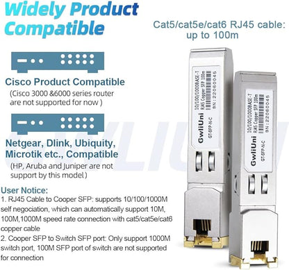 10Pcs 1.25Gbps RJ45 Copper SFP, 10/100/1000Base-T transceiver Module 100m for Switch, Router, Firewall, Network Card, Media Converter etc